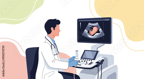 Doctor performing ultrasound on pregnant woman, showing baby on screen