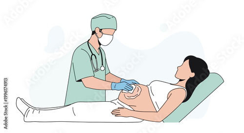Doctor performing ultrasound scan on pregnant woman's belly, medical examination