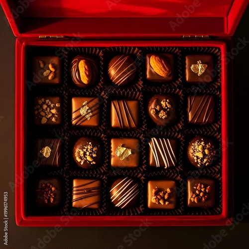 Luxurious assortment of gourmet dark and milk chocolates meticulously arranged in a rich red gift box showcasing diverse textures intricate designs and premium ingredients