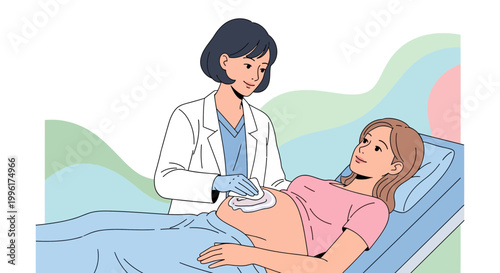 Doctor performs ultrasound on pregnant woman, prenatal care, expecting mother health check