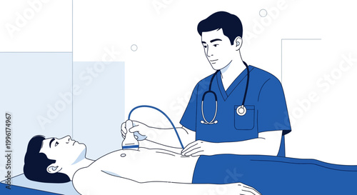 Doctor performs ultrasound on patient's chest, medical diagnostic procedure