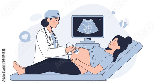 Doctor performs ultrasound on pregnant woman, showing baby on screen, healthcare concept