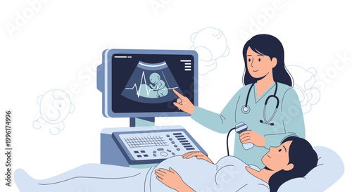Doctor performs ultrasound on pregnant woman, showing baby on screen