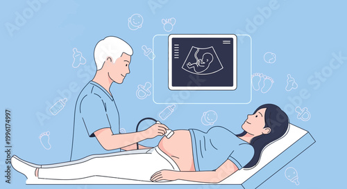 Doctor performs ultrasound on pregnant woman, showing baby image on screen