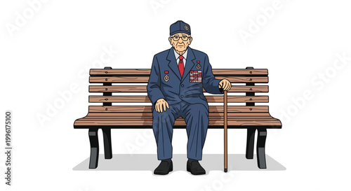 Elderly veteran sitting on a wooden park bench wearing a military uniform with medals and cane isolated on white background