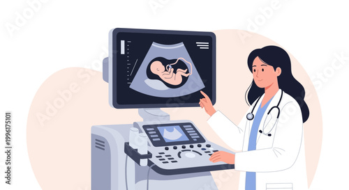 Doctor pointing at ultrasound screen showing fetus, medical technology concept