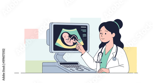 Doctor pointing at ultrasound screen showing fetus, pregnancy, healthcare, medical checkup concept