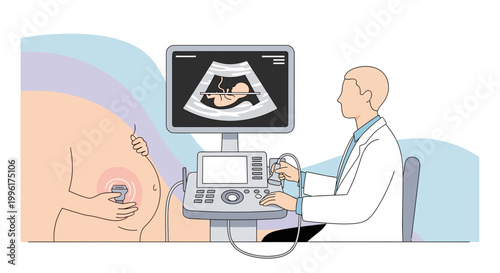 Doctor performs ultrasound on pregnant woman, showing fetus on screen