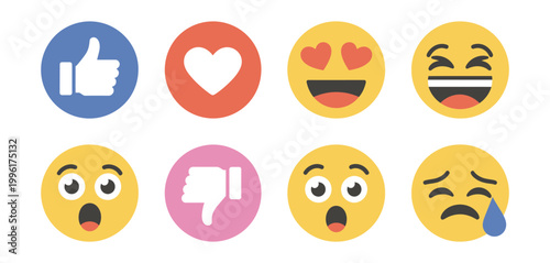 Emoji reaction icon vector set featuring like, love, dislike, laugh, cry, sad, wow, and heart eyes for social media communication design