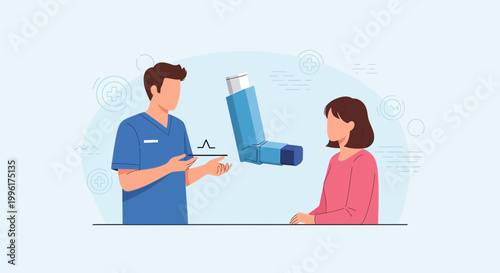 Doctor showing asthma inhaler to patient, medical consultation for respiratory disease