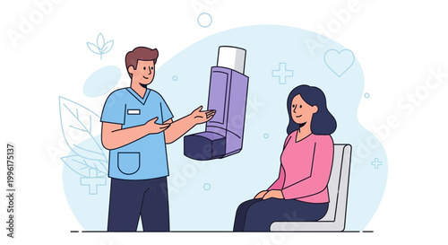 Doctor showing asthma inhaler to patient, medical consultation, respiratory health care concept