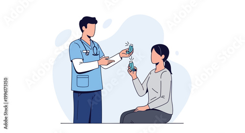 Doctor showing inhaler to patient, medical consultation, asthma treatment, healthcare concept
