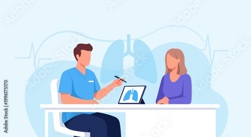 Doctor showing lungs on tablet to patient in clinic, medical consultation