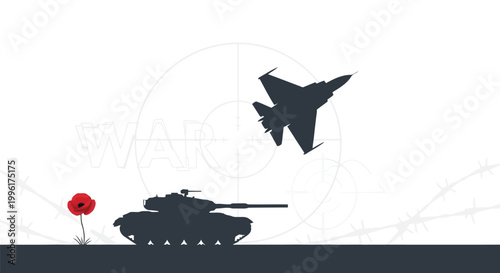 Minimalist military war silhouette featuring fighter jet tank and remembrance poppy on horizon line isolated on white background