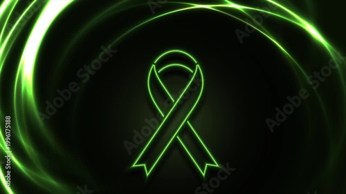 Futuristic neon green awareness ribbon and luminous light swirls on dark background. Healthcare motion design. Video animation Ultra HD 4K 3840x2160