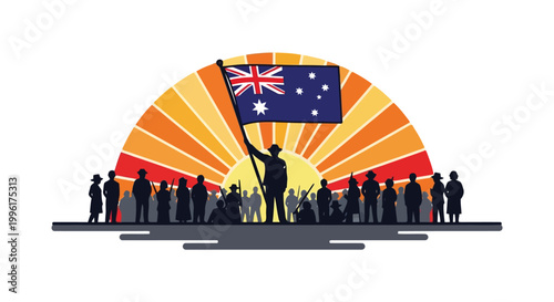 Silhouette of soldiers holding Australian flag against a sunrise graphic for Anzac Day tribute isolated on white background