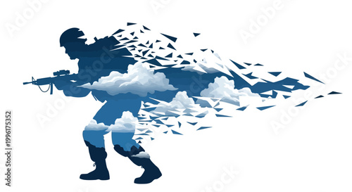 Soldier silhouette with clouds and geometric dispersion effect for military and veteran design isolated on white background