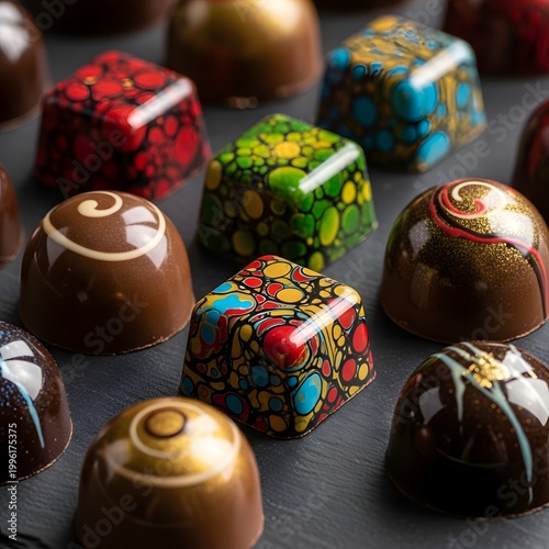 Artisan handcrafted chocolates with intricate colorful patterns and swirls presented in a luxurious gourmet assortment perfect for indulgence and gifting occasions captured