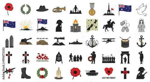 Large collection of military and remembrance icons featuring poppies flags and symbols of war isolated on white background