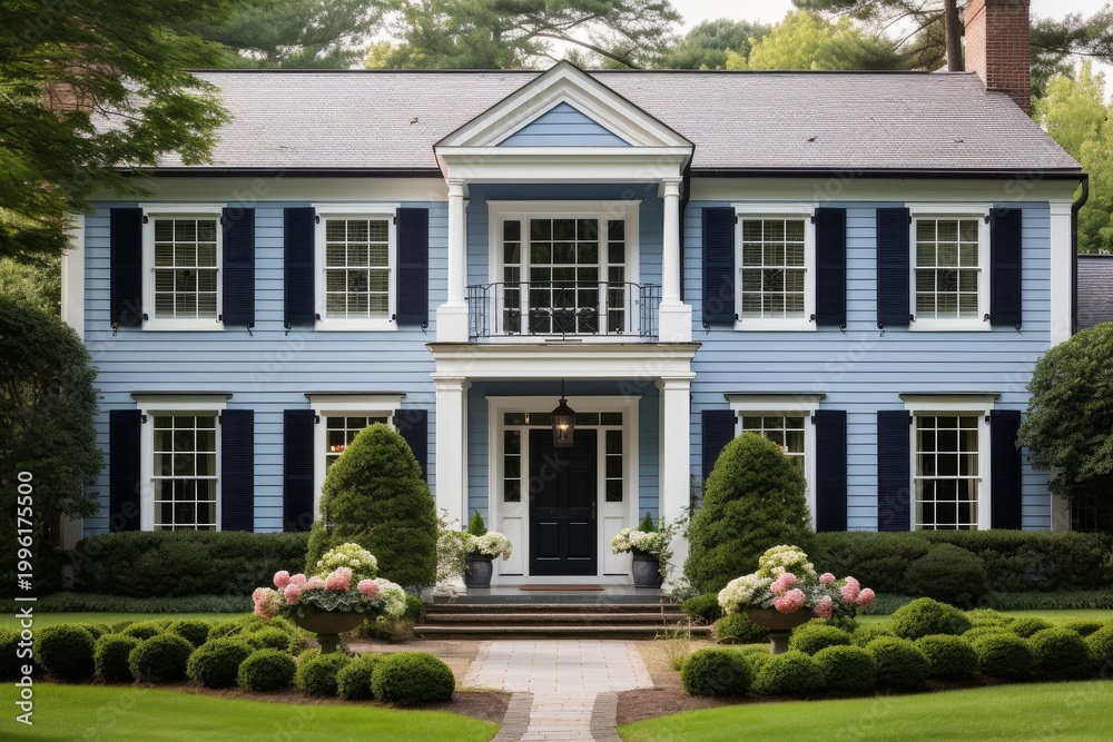 Fototapeta premium Residential home featuring traditional architecture and elegant landscaping in front yard