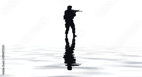 Black silhouette of soldier holding rifle standing on water reflection isolated isolated on white background