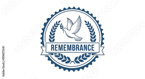 Circular badge emblem with dove and laurel leaves for remembrance day vector isolated on white background