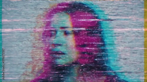 Womans face distorted by colorful digital glitches in video sequence. Transition from abstract cyber effects to clear scared expression. Emotional horror and technology fusion concept.