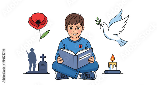 Little boy reading a book about remembrance with surrounding icons vector illustration isolated on white background