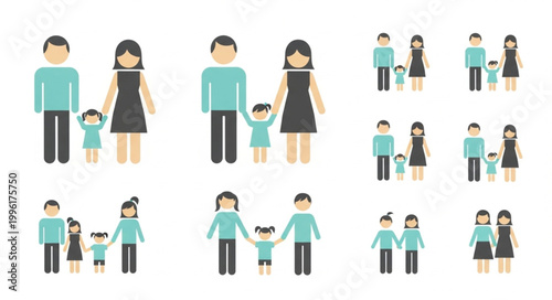 Diverse Family Units Represented in Simple Flat Design Style.