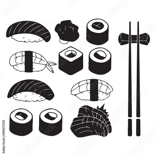 Sushi set vector illustration with nigiri maki sashimi and chopsticks isolated on white background