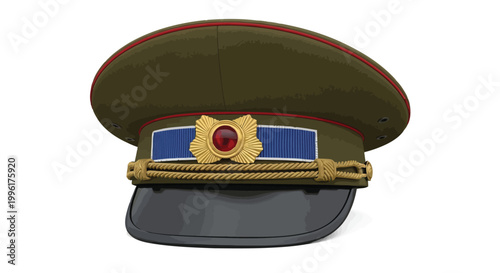 Detailed military officer peaked cap with gold braiding and red jewel in 3D render style isolated on white background
