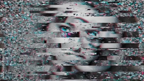 Womans portrait in grayscale with blue eyes glitching to colorful distortion. Digital animation sequence of facial interference and video artifact effects in cyan and magenta.