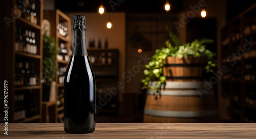 Black wine bottle on wooden table in cellar