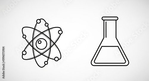 Atomic structure and laboratory flask icons representing science.