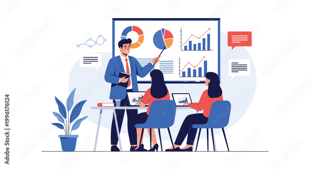 Fototapeta premium Professional business presentation features a manager pointing at a board with charts and graphs to a team of colleagues.