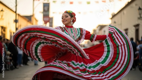 Traditional Mexican Folklorico Dancer Spinning in Vibrant Dress at Festival