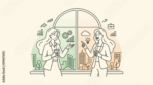 Two businesswomen discussing work and ideas while holding coffee cups with city skylines in the background