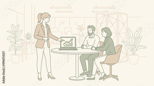 Professional business team discussing financial growth and market strategy during a collaborative meeting in a modern office environment, illustrating corporate development and success