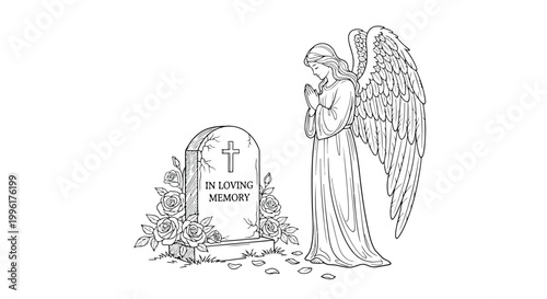 Angel praying by a grave with roses and in loving memory text for funeral memorial service isolated on white background