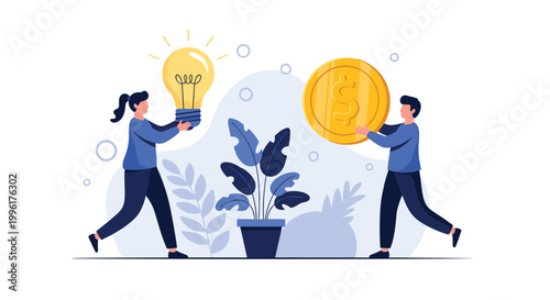 Two creative people holding a large light bulb and a golden coin representing the profitable exchange of ideas for money.