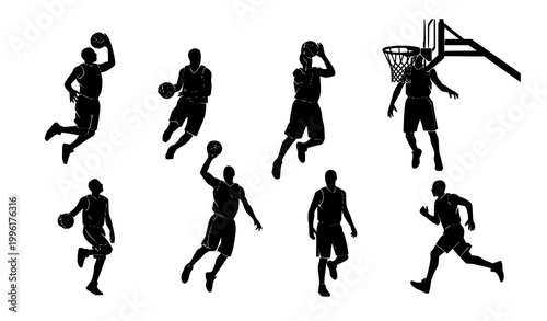 Minimalist vector silhouettes of elite basketball players in dynamic and energetic action poses