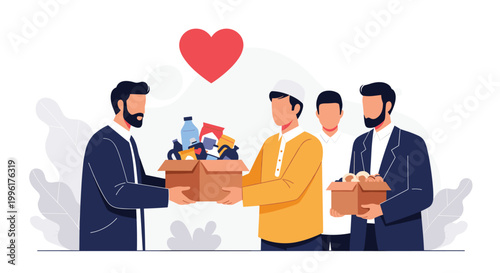 Group of Muslim men donating boxes of food and supplies representing Islamic charity and humanitarian aid during Ramadan.