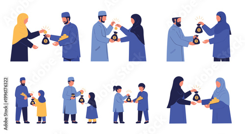 Set of illustrations showing Muslim men women and children giving zakat and charity in bags of money for Islamic holidays.