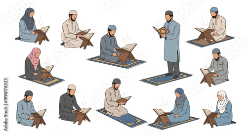 Collection of Muslim people reading the Quran on prayer rugs in various sitting and standing poses for religious study.