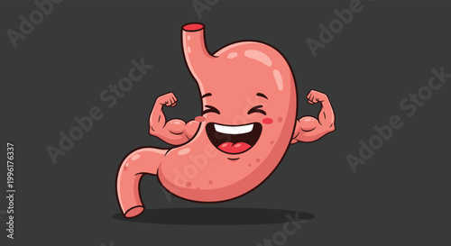 Strong cartoon stomach character with a big happy smile showing off its arm muscles on a dark background for health ads.