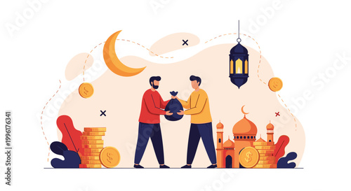 Two men exchanging a bag of money in a festive Islamic setting with gold coins and a mosque silhouette under the moon.