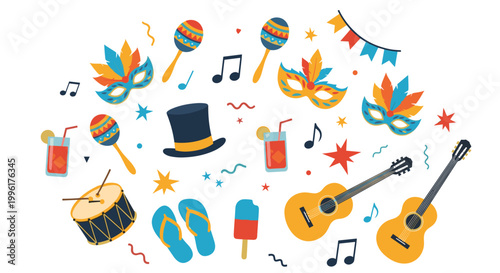Vibrant collection of carnival and party celebration elements including masks, musical instruments, tropical drinks, and accessories.