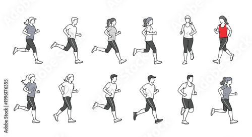 Diverse group of people in sportswear are jogging together as part of a marathon or fitness training session on a white background.