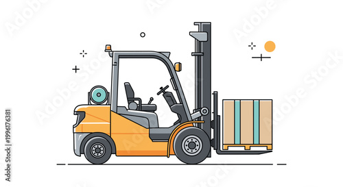 Industrial forklift vehicle carrying a stack of cardboard boxes on a pallet used for warehouse logistics and cargo transportation.