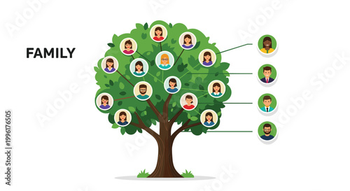 Family tree diagram with diverse portrait icons of relatives and ancestors for genealogy and heritage research concept on white background.